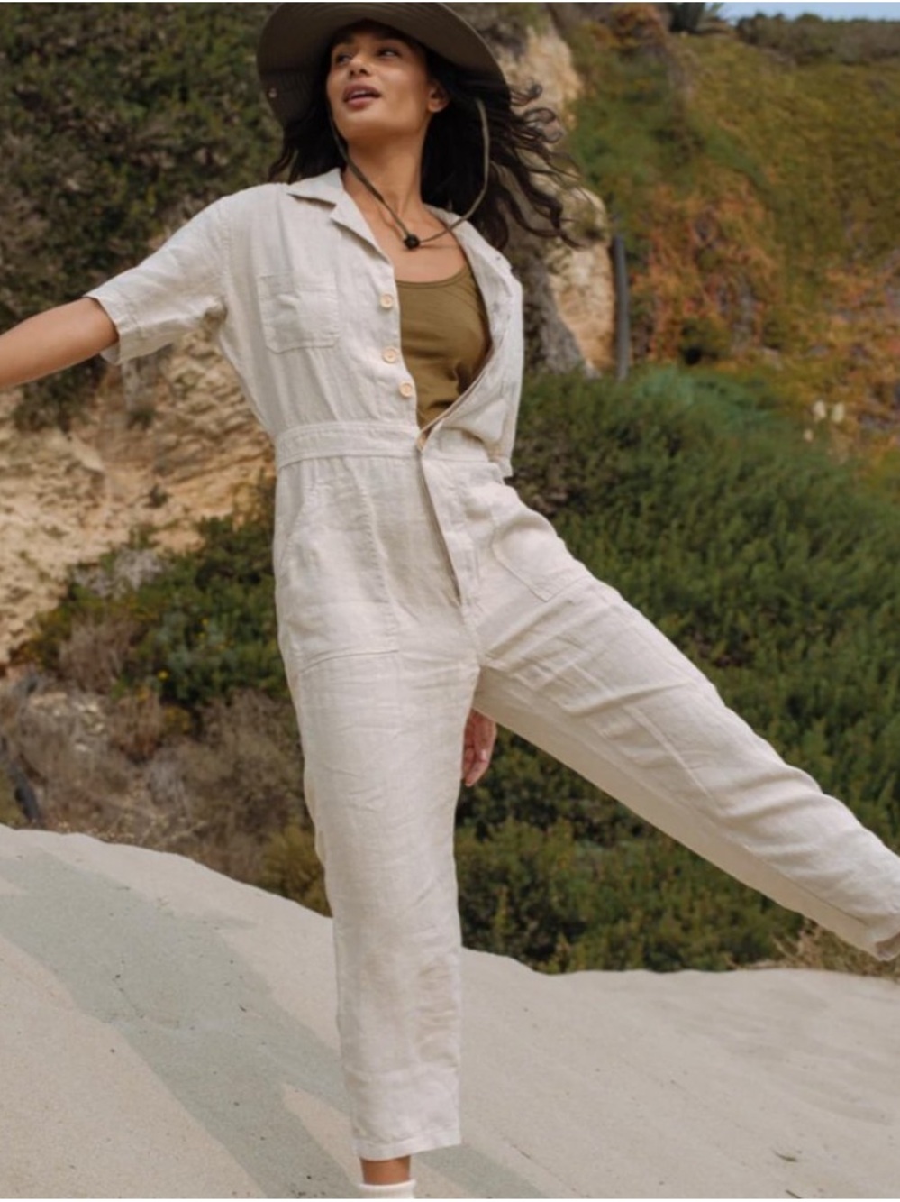 Mate the Label Linen Natural Tan Short Sleeve Utility Jumpsuit Romper Medium